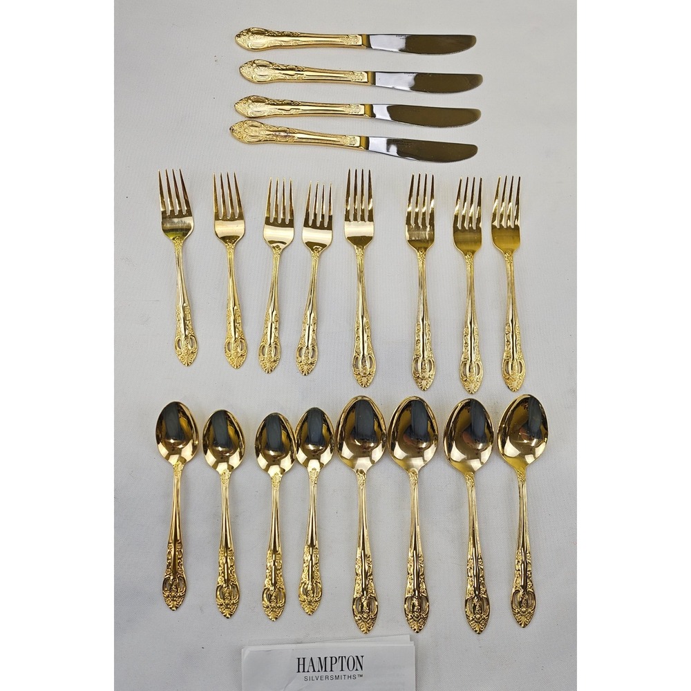 20 Pc Hampton Silversmiths Gold Plated Flatware Set Ornate Scroll Floral Pattern